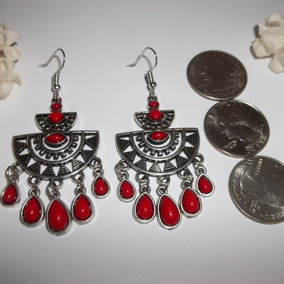 Chandelier Earring Red and Silver Dangle Drop Southwestern Boho Style Set A486 - Picture 3 of 5